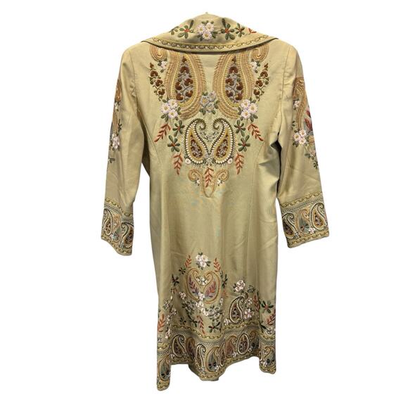 Biya Johnny Was 100% Silk Embroidered Western Boho Duster Coat Beige XS - Picture 6 of 16